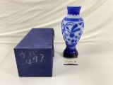 Beautiful Blue & White Chinese PEKING Cameo Glass Vase with Wooden Stand & Original Box
