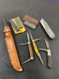 Lot of Vintage 5 Pocket Knives and 3 Whetstones