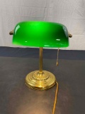 Vintage Bankers Lamp with Brass and Green Glass Shade