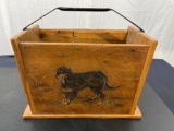 Vintage Solid Oak tool tote with an image of a Dog on it
