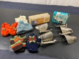 Vintage DOMINION Ice Skates, AID-A-SKATE Ice Skate Trainers, Shoe Stretchers, and knit mittens