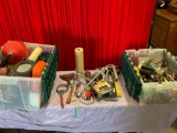 Lot of two plastic totes filled with tools and miscellaneous parts.