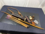 Vintage Bow and Arrows with custom Quiver, bowstrings, Armguard and finger tabs.