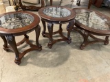 Set of Matching Glass top with center designs in both side tables with coffee table.