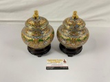 Pair of Chinese Brass and Enamel CHAMPLEVE Vases With Lion Decorated Lids,