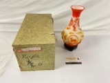 9in Chinese Peking Cameo Glass, Orange & White with Deer Pattern,