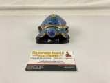 Blue Enamel Brass CLOSIONNE Turtle shaped Container with Lid and Wooden Stand,
