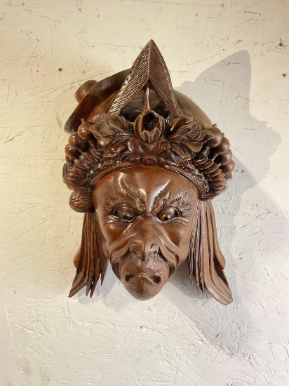 Vintage Unique Hand Carved Asian Man with Crown or headdress Wall Hanging