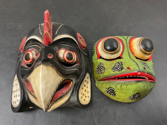 Duo of Wooden Hand Carved Indonesian Masks, Garuda Hawk God, and Godogan Frog Prince