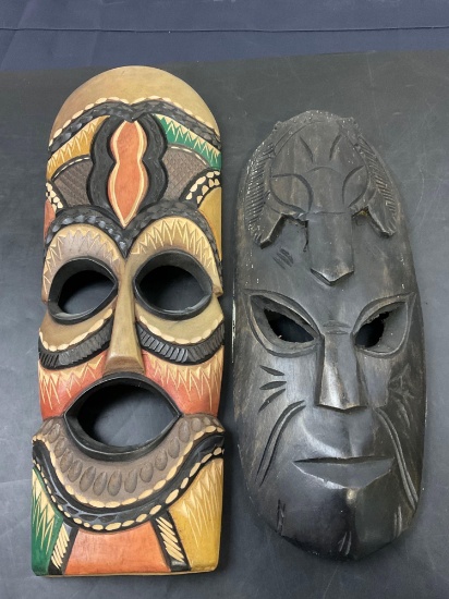 Duo of African Hand Carved & Painted Masks, one with a turtle on the head