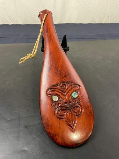 Stunning Maori Patu Hand Club, handcarved wooden face with Mother of Pearl inlays