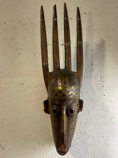 Stunning Four Horned African Female Bamana N'Tomo (Ancestor) Horned Mask from Mali w/ Brass Accents