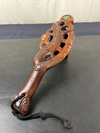 Beautiful Handcarved Wooden Maori Wahaika Hand Club w/ Mother of Pearl inlays