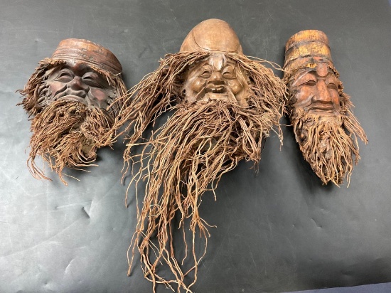 Trio of Asian Bamboo Root Masks Handmade