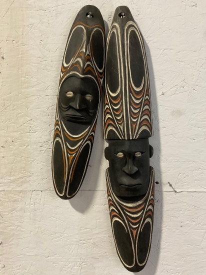 Duo of Papua New Guinea Handmade Mask Wall Hangings with Cowrie (Trivia) Shell pupils