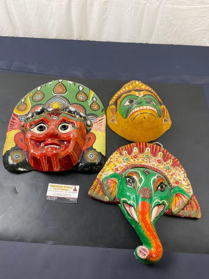 3 Vintage/Mid Century Hindu Plaster and Paper Mache Masks, Ganesh, Hanuman, and a Kali Mask