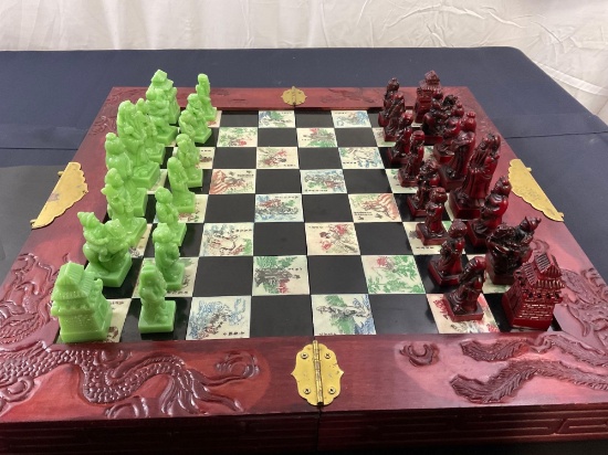 Mid-Century Chinese Chess Set, Dark Red, and Light Green Carved Soapstone pieces