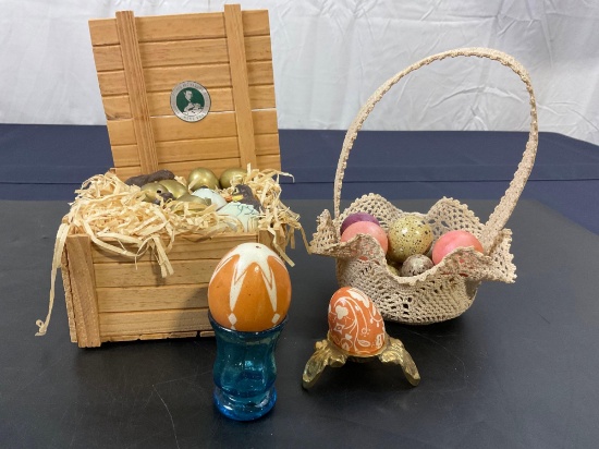 Lot of Egg Art, Basket of robin eggs, some painted, and Handmade Hatching Chicks art piece.