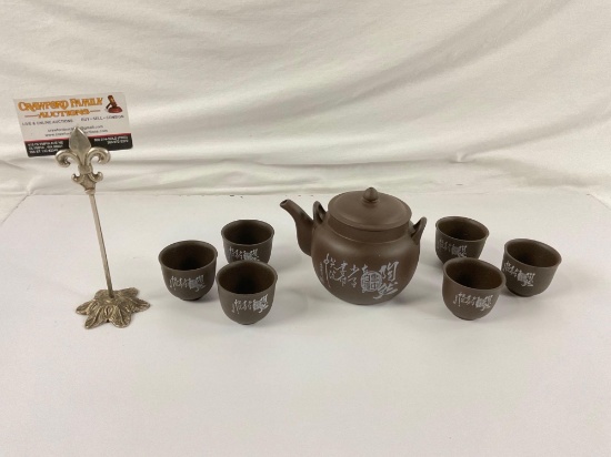 Set of Brown YIXING clay tea pot and tea cups, 7ct