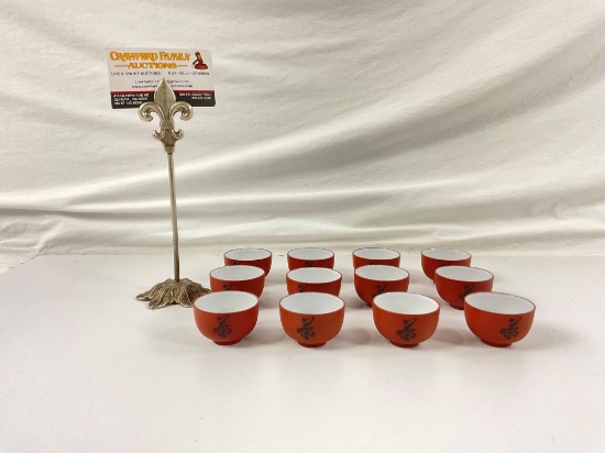 Collection of Signed Red clay YIXING teacups with writing design, 12ct