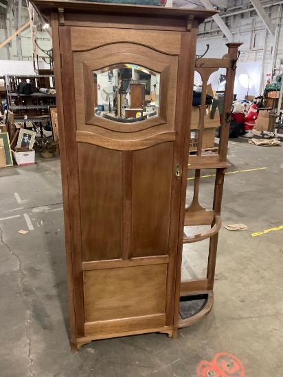 Wooden Coat cabinet with coat and hat hooks on side w/umbrella holder.