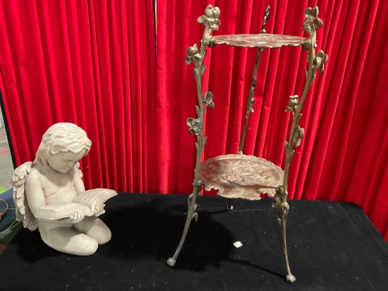 Lot of Angel Statue reading with Brass two tier plant stand.