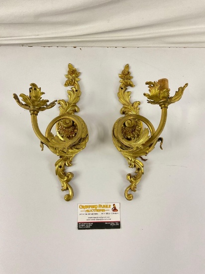 Ornate pair of glided bronze sconce lights, hard wired,