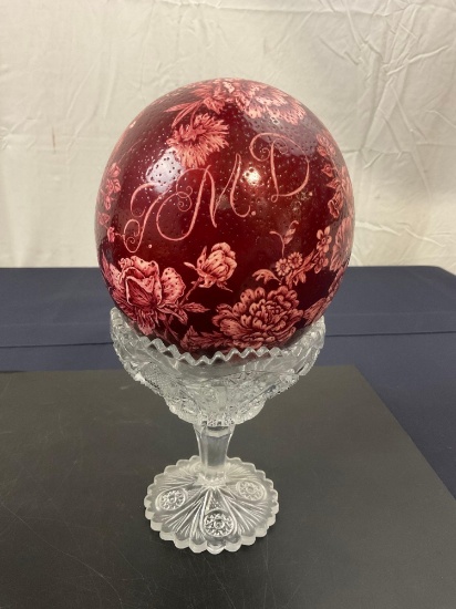 Massive Painted, and Etched Ostrich Egg on a crystal stand