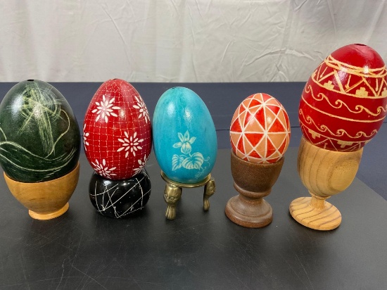 Vintage Handpainted Egg Art, 5 pieces and stands