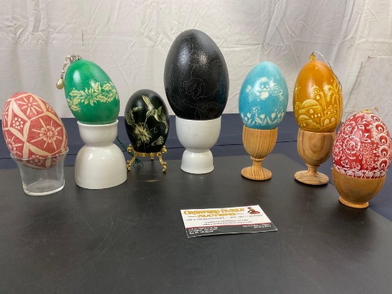Vintage Handpainted Egg Art, 7 pieces and stands