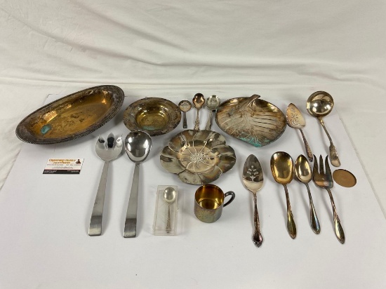 Large collection of sliver plate utensils and trays, 16ct, also includes 1x sterling spoon