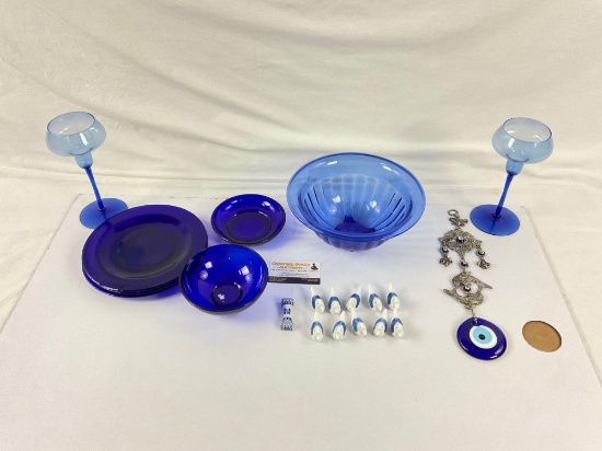 Collection of blue glassware, figures and blown glass art, 20ct