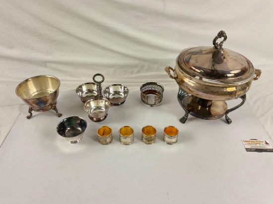 Small lot of silver plated serving/warming bowls and napkin rings, 9pcs
