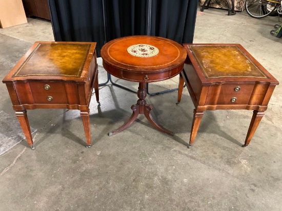 Lot of 3 Side Tables with leather inserts and gold trim.