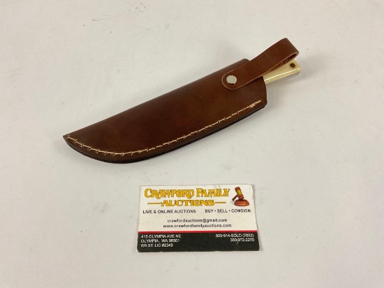 Handmade Damascus steel drop point knife with custom wood/bone handle and leather sheath,