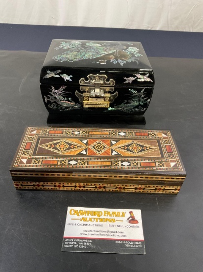 2 Ornate Jewelry Boxes, one Korean Mother of Pearl Lacquered box, one Egyptian Mosaic box