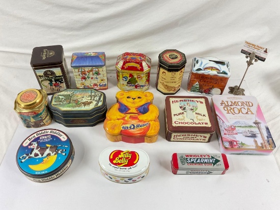 Collection of vintage/modern collectible candy tins from multiple brands, 13ct