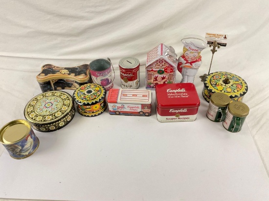 Small lot of assorted collectible tins vintage/modern, 13ct