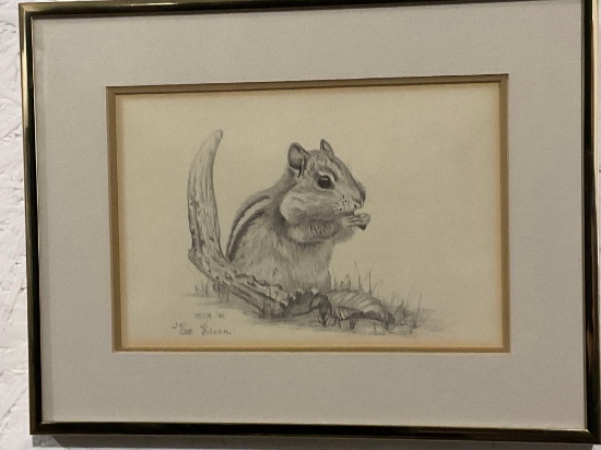 Framed Numbered 24/200 Lithograph of a pencil drawing of a Squirrel by L. Ervin 1982