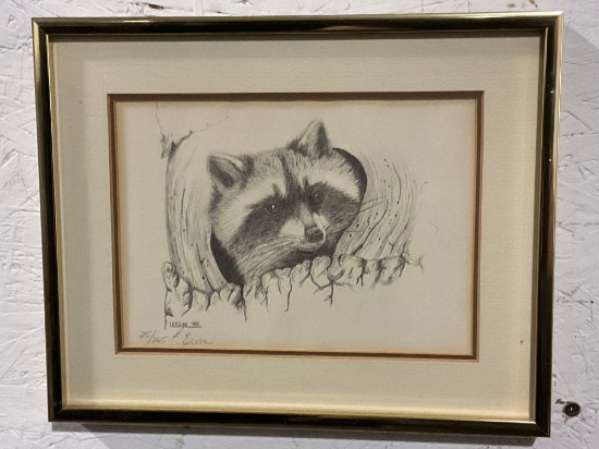 Framed Numbered 25/265 Lithograph of a pencil drawing of a Raccoon by L. Ervin 1983