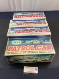 4 Vintage HESS Models, 2x Emergency Truck, Rescue Truck, and Patrol Car in original packaging