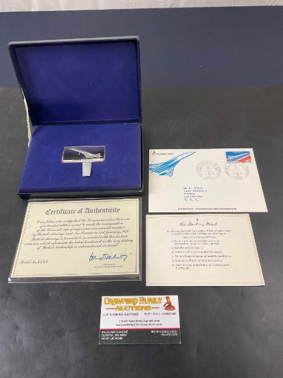 1976 Silver Ingot British Airways Inaugural Flight of the Concorde w/ case and COA & FDC Letter