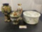 4 Centerpieces, Raised Compote w/ Lid, 2 Glass Hand Painted Vases, Large Pottery Bowl w/ Lid