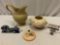 4 pc. Vintage ROSEVILLE ceramic pottery pitcher, candleholder, bowl, sign, made in USA