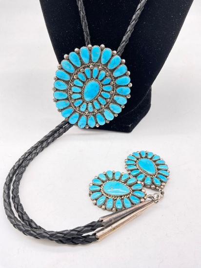 AQ Alice Quam Native American heavy sterling silver bolo tie w/ studded turquoise bolo & tips