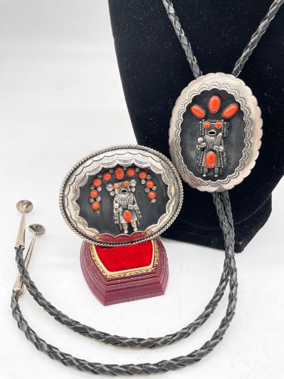 Matching sterling silver Navajo Native American Phil Long coral studded bolo & belt buckle w/