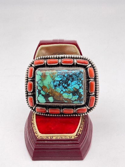 Vintage Navajo Native American sterling silver belt buckle w/ turquoise & coral setting - heavy!