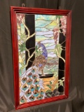 Beautifully Framed Stained Glass Panel of a Peacock