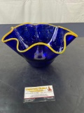 Stunning Blown Glass Bowl with Frills, Deep Blue w/ Orange Rim