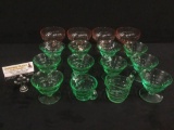 10 pc. green vaseline glass cups and 2 vaseline creamers + 3 depression glass pink goblets